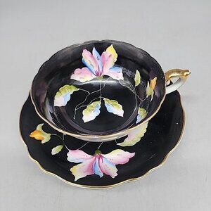 Chugai China Demitasse Teacup & Saucer Rise Floral Black Occupied Japan Vintage
